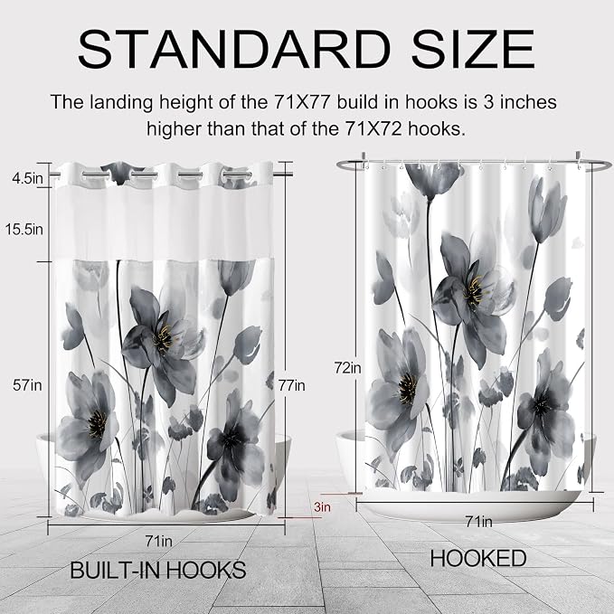 No Hook Shower Curtain and Liner Set, Black Boho Floral 71x77 | Watercolor Boho Flower, with Snap in Liner, Mesh Top Window, Waterproof, Machine Washable, Quick-Drying, for Hotel Bathroom