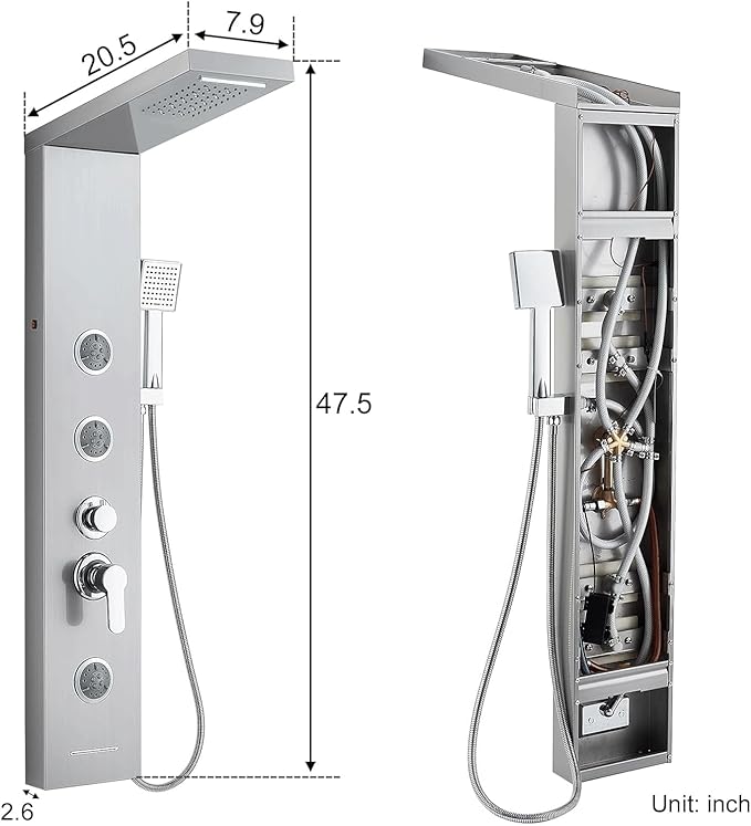 5 in 1 Shower Panel Tower System with LED Lights, Rainfall and Waterfall Shower Head, 3 Pcs Adjustable Body Jets, Handheld Shower, Tub Spout (Brushed Nickel)