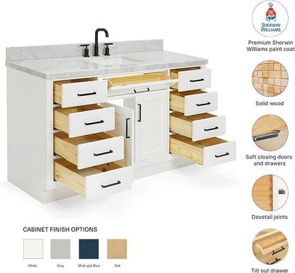 Isabella 60 Inch Bathroom Vanity Single Sink — White Bathroom Vanity with Sink, 1.5" Edge Italian Carrara Marble Countertop, Solid Wood, 2 Soft-Close Doors, 8 Dovetail Drawers + Tilt Drawer