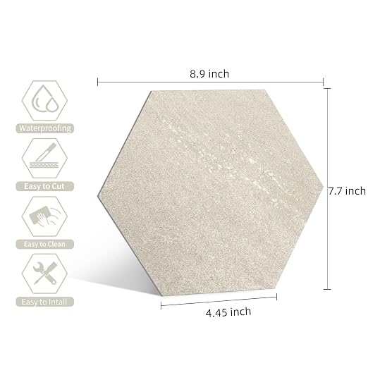 W&S 24-Sheets Beige Hexagon Peel and Stick Floor Tile, Faux Stone Peel and Stick Backsplash for Kitchen, Self Adhesive Luxury Flooring Tile DIY for Bathroom, Living Room, RV