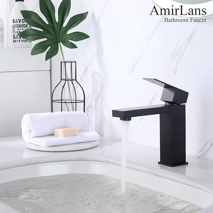 Black Faucet Bathroom, Stainless Steel Matte Black Bathroom Faucet Single Hole with Pop Up Drain, Single Handle Faucet AML-1141-BK