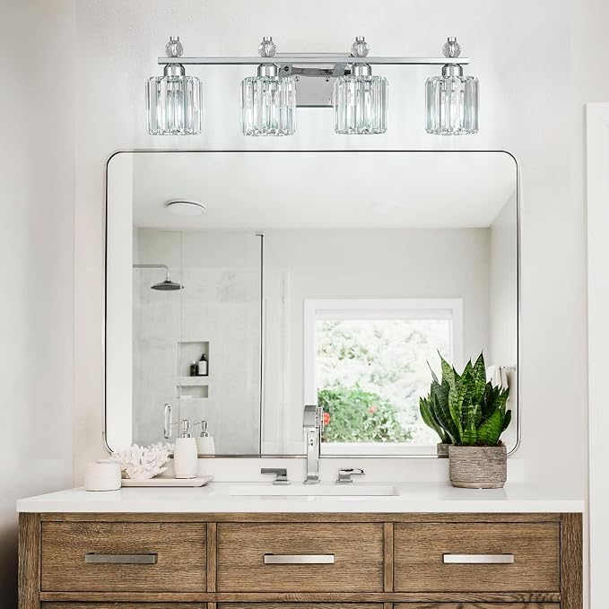 Bathroom Vanity Lights 4-Light Chrome Modern Crystal Vanity Light Fixtures Over Mirror Crystal Bathroom Vanity Lighting Fixtures