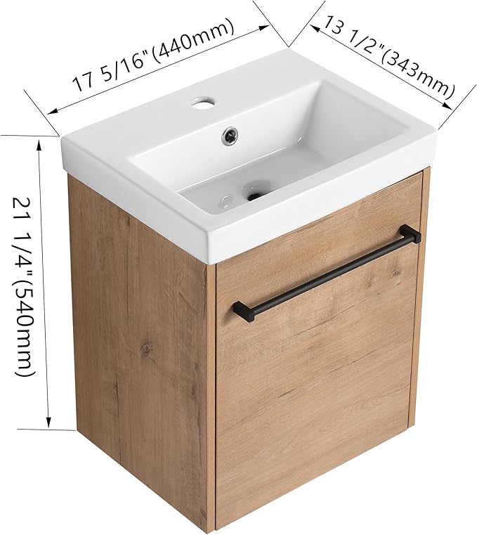 KEIKI 18'' Bathroom Vanity Cabinet with Sink, Wall Mounted Floating Bathroom Vanity with Soft-Close Cabinet Door, for Small Bathroom, Imitative Oak