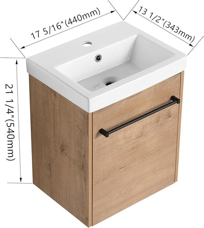 KEIKI 18'' Bathroom Vanity Cabinet with Sink, Wall Mounted Floating Bathroom Vanity with Soft-Close Cabinet Door, for Small Bathroom, Imitative Oak