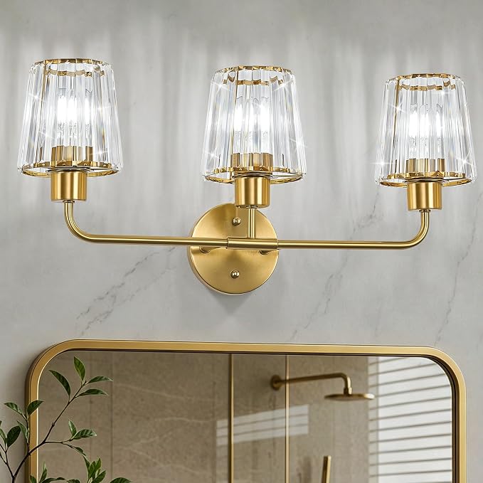 Brushed Gold Vanity Lights, 3-Light Crystal Bathroom Light Fixtures | Modern Bathroom Vanity Light E26 Wall Light over Mirror (Exclude Bulb)