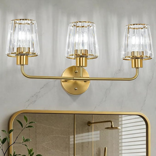 Brushed Gold Vanity Lights, 3-Light Crystal Bathroom Light Fixtures | Modern Bathroom Vanity Light E26 Wall Light over Mirror (Exclude Bulb)