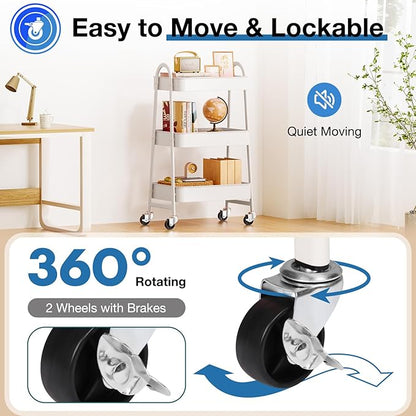 OLIXIS Metal 3 Tiers Utility Rolling Cart, Mobile Storage Shelf with Lockable Caster Wheels, Organization for Livingroom, Bathroom & Narrow Places, White