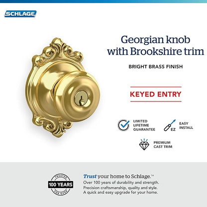 Schlage F51A GEO 605 BRK Georgian Knob with Brookshire Trim Keyed Entry Lock, Bright Brass