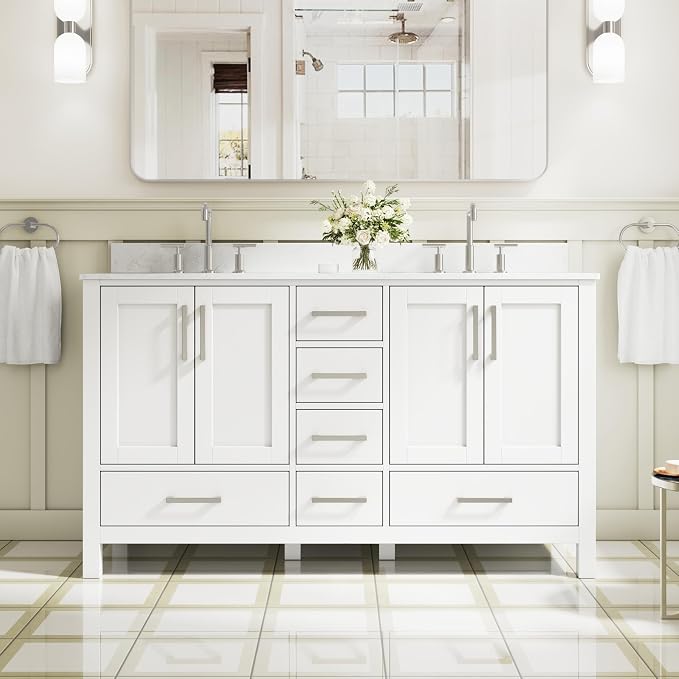 60-Inch Bathroom Vanity with Sink, 4 Soft-Close Doors and 6 Soft-Close Drawers, Bathroom Freestanding Vanity with Cultured Marble Countertop, White Vanity with Brushed Nickel Handles