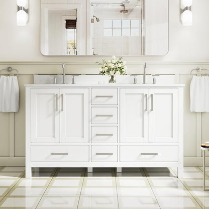 60-Inch Bathroom Vanity with Sink, 4 Soft-Close Doors and 6 Soft-Close Drawers, Bathroom Freestanding Vanity with Cultured Marble Countertop, White Vanity with Brushed Nickel Handles