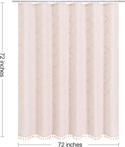 Boho Light Pink Woven Fabric Shower Curtain with Tassel 72 x 72 Modern Farmhouse Minimalist, Pink Bohemia Tufted Chevron Striped Chic Textured, Waterproof Cloth Curtain for Bathroom