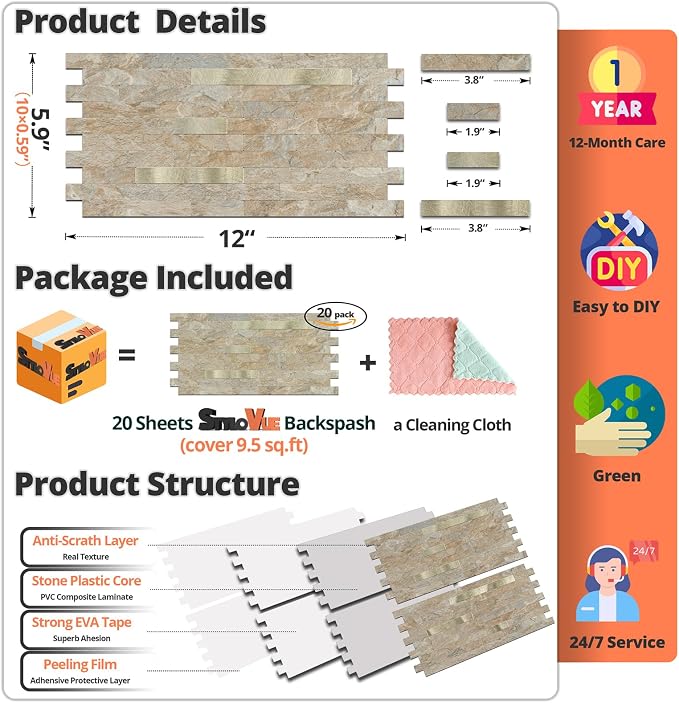 StyloVue 20 Sheets Peel and Stick Backsplash for Kitchen, Sandstone with Metal Gold Look Stick on Tile Upgrade Your Kitchen Backsplash, RV, Fireplace