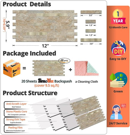 StyloVue 20 Sheets Peel and Stick Backsplash for Kitchen, Sandstone with Metal Gold Look Stick on Tile Upgrade Your Kitchen Backsplash, RV, Fireplace