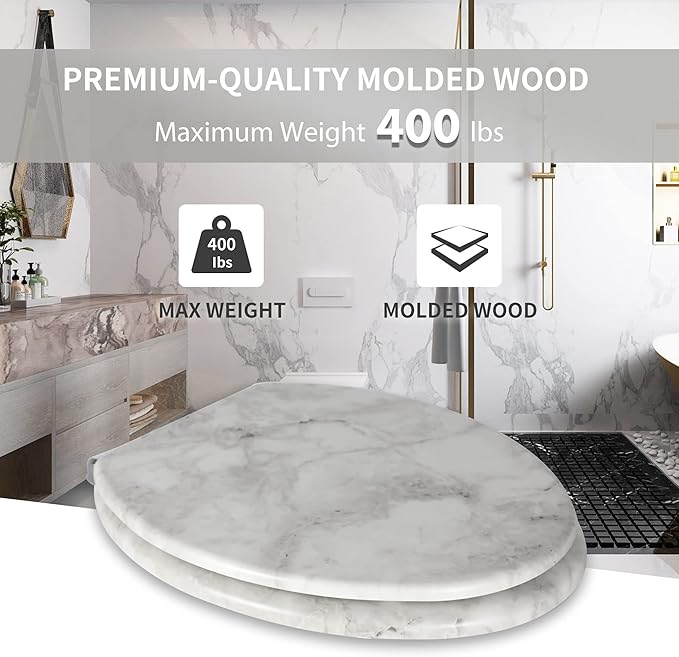 Angel Shield Marble Toilet Seat Durable Molded Wood with Quiet Close,Easy Clean Quick-Release Hinges (Elongated,Gray Marble)