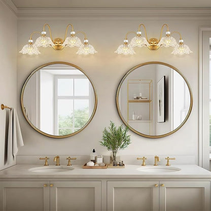 Vintage Matte Brass Finish Bathroom Vanity Light, 4-Light Vanity Light with Floral Glass Shades, Retro Wall Mount Lighting for Bathroom, Dressing Table