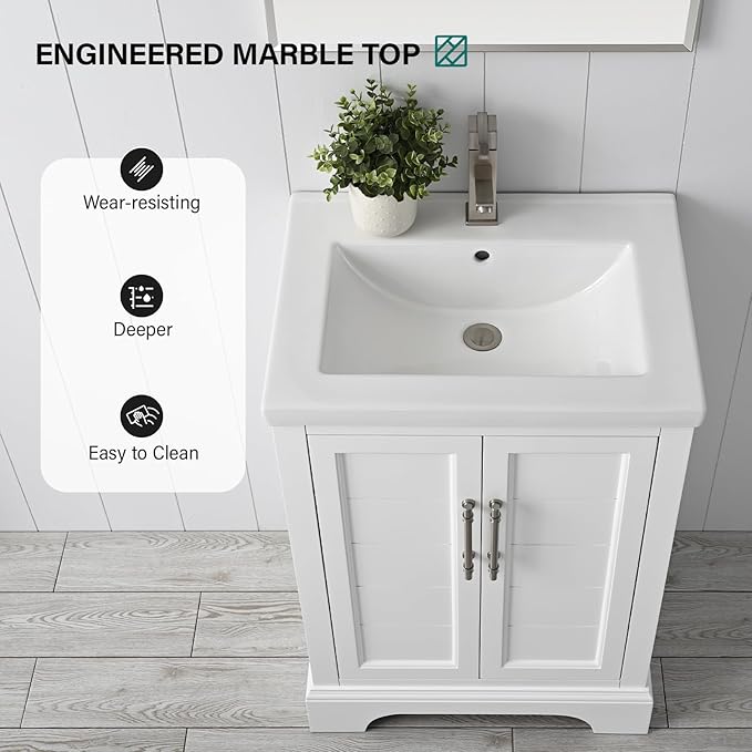 HOMEBEYOND 24 Inch Bathroom Vanity with Single Sink & Ceramic Top, Vanity Cabinet with Center Countertop Basin, Soft-Closing Doors, White