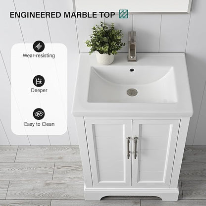 HOMEBEYOND 24 Inch Bathroom Vanity with Single Sink & Ceramic Top, Vanity Cabinet with Center Countertop Basin, Soft-Closing Doors, White