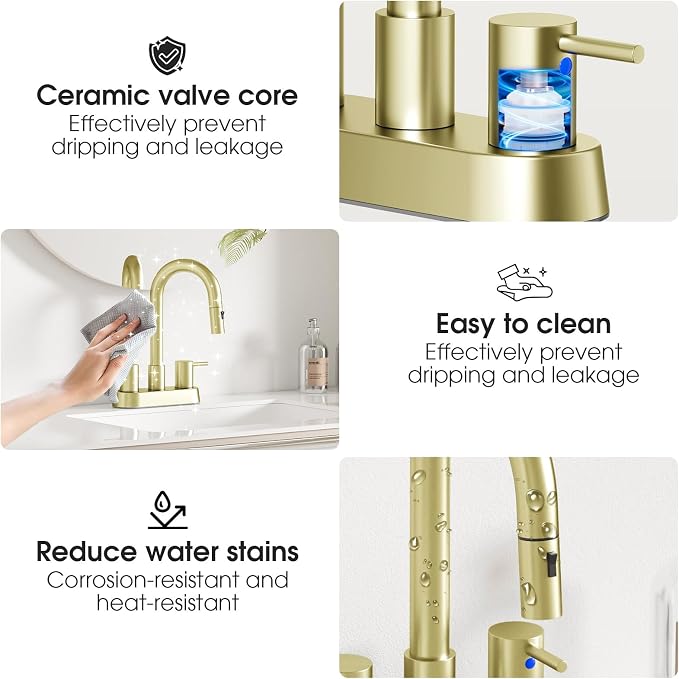 Brushed Gold Bathroom Faucet with Pull Out Sprayer, Dual-Function Spout Gold Bathroom Sink Faucets, 4 Inch Two Handle Utility Sink Faucet with Sprayer 3 Hole, Easy Pet Shower, RVs