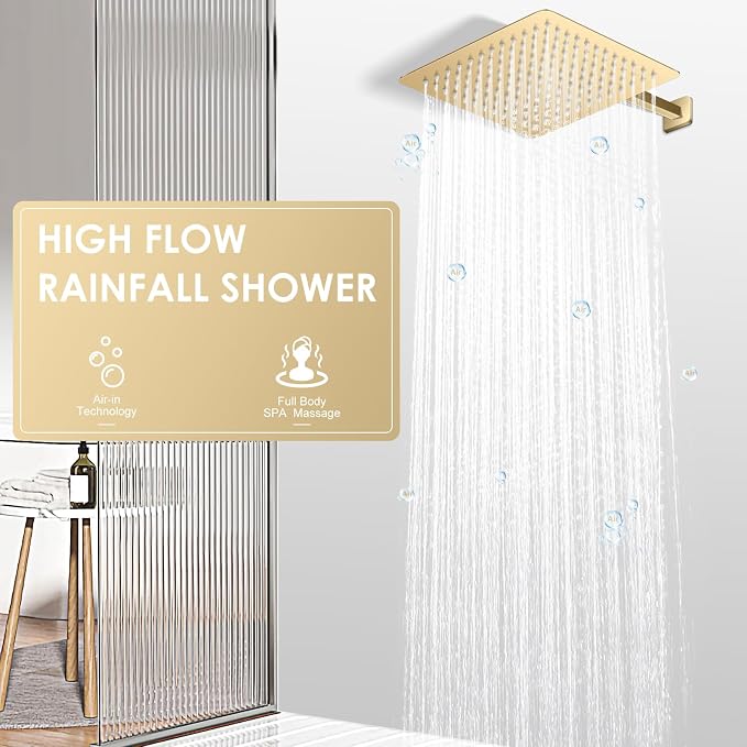 10 Inch Gold Rain Shower Head - All Metal Stainless Steel 304, Ultra Thin Design, Modern Bathroom Square Rainfall Showerheads - Full Body Coverage Bath Shower