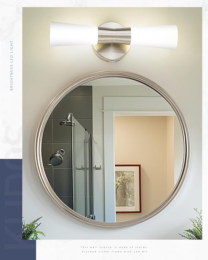 kudos 16 Inch Brushed Nickel Vanity Lights, Milk White Glass, KDVL13-BN | LED, 14W, 1100 Lumens, 3000K, 4000K and 5000K Selectable, Hardwired,for Bathrooms and Bedrooms