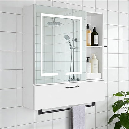 LED Lighting with Socket and USB Bathroom Medicine Mirror Cabinet,Color Changing Anti Fog Light Strip,Equipped with Hair Dryer Rack and Towel Rack,Embedded or Wall Mounted,White