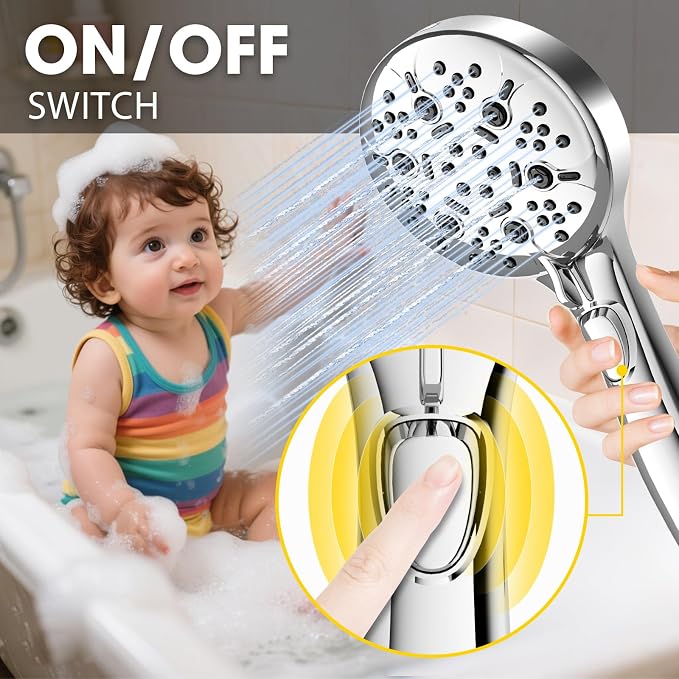 High Pressure Shower Head with Handheld,Power Wash & Auto Reset | 8-setting Shower Spray with on off Switch,79in Stainless Steel Extra Long Hose&Bracket.Easy for Seniors, kids & Pets,Sliver