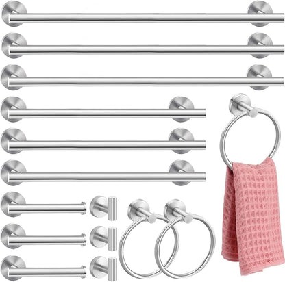 Gisafai 15 Pcs Brushed Nickel Bathroom Accessories Hardware Set Silver Towel Racks for Bathroom SUS304 Stainless Steel 23.6 Inch Brushed Towel Bar Ring Toilet Paper Holder Robe Hooks Wall Mounted