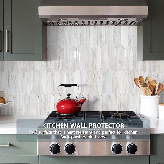 Vamos Tile 1 Sheet Glossy Wood Marble Grain Backsplash Tile Peel and Stick, 12.8 x 12.8 Inch Long Hexagon PVC Self Adhesive Mosaic Wall Tiles Stick on Backsplash for Kitchen,Bathroom,Fireplace