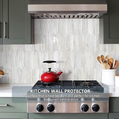 Vamos Tile 1 Sheet Glossy Wood Marble Grain Backsplash Tile Peel and Stick, 12.8 x 12.8 Inch Long Hexagon PVC Self Adhesive Mosaic Wall Tiles Stick on Backsplash for Kitchen,Bathroom,Fireplace
