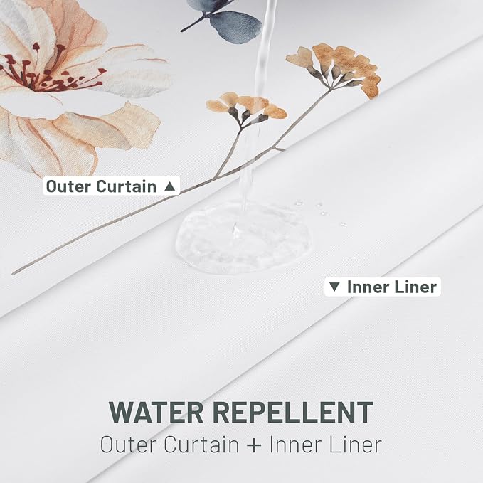 No Hook Floral Shower Curtain with Liner, Blue Beige, 71x86 | Snap in Liner, 3 in 1, Water Repellent, Easy Install, Machine Washable, Hotel Style for Bathroom, Watercolor Pattern