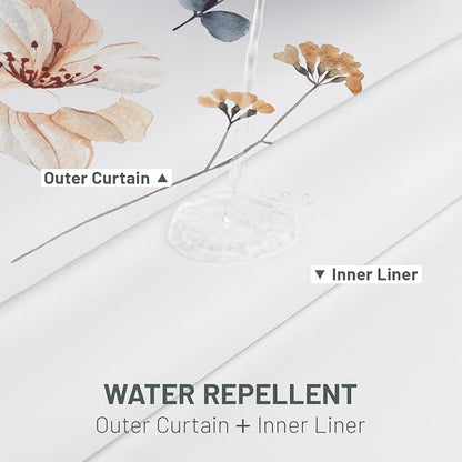 No Hook Floral Shower Curtain with Liner, Blue Beige, 71x86 | Snap in Liner, 3 in 1, Water Repellent, Easy Install, Machine Washable, Hotel Style for Bathroom, Watercolor Pattern