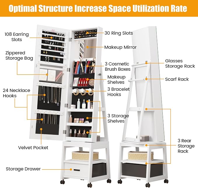 GAOMON 360° Swivel Jewelry Armoire, Floor Standing Locking with Full Length Mirror, Inside Makeup Mirror, Bottom Drawer, Rear Storage Shelves, Wheels, Cabinet with Large Storage Capacity, White