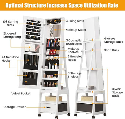 GAOMON 360° Swivel Jewelry Armoire, Floor Standing Locking with Full Length Mirror, Inside Makeup Mirror, Bottom Drawer, Rear Storage Shelves, Wheels, Cabinet with Large Storage Capacity, White