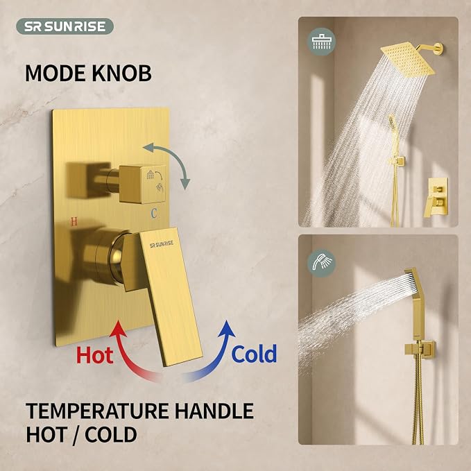 SR SUN RISE Shower System - Shower Faucet Set with 8 Inch Rain Shower Head and Handheld Shower - High Pressure Rain Shower System - All Metal Shower Faucet Trim Repair Kits - Brushed Gold