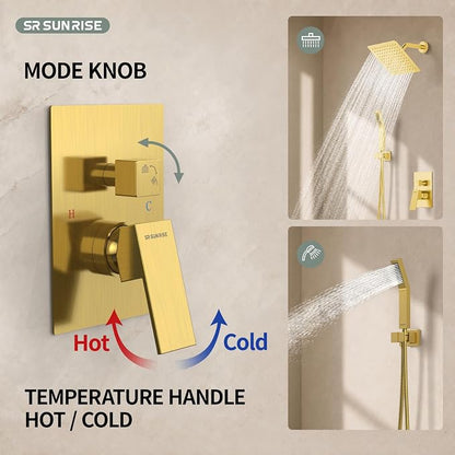 SR SUN RISE Shower System - Shower Faucet Set with 8 Inch Rain Shower Head and Handheld Shower - High Pressure Rain Shower System - All Metal Shower Faucet Trim Repair Kits - Brushed Gold