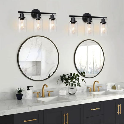 Unicozin 2 Pack Modern Bathroom Light Fixtures, 3 Light Vanity Lights, Black Wall Lamp with Clear Glass for Bathroom, Mirror, Living Room, Bedroom, Hallway, E26 Base