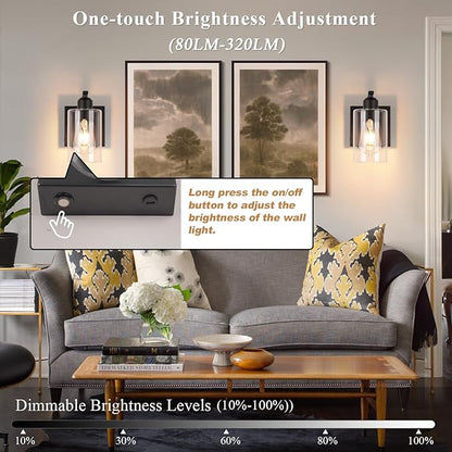 BELS 8 Inch Battery Operated Wall Sconces Set of 2, Farmhouse Wall Lights Fixture with Clear Glass, 4000K, Remote Control, Dimmable, Black Wall Sconces for Mirror, Bathroom, Bedroom