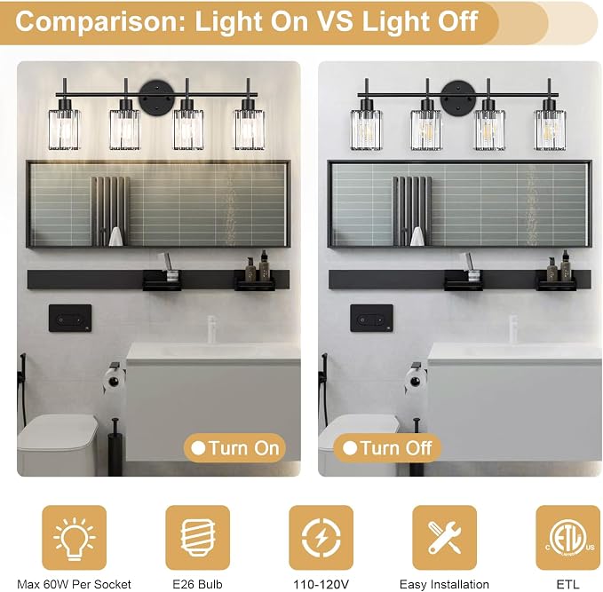Black Bathroom Light Fixtures, Square, 4-Light | Vanity Lights with Crystal Shades, Modern Bathroom Lighting Fixtures over Mirror (Bulbs Not Included, E26)