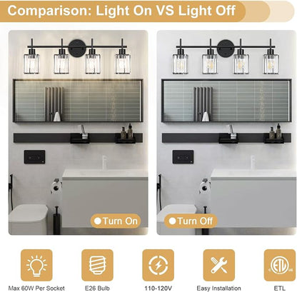Black Bathroom Light Fixtures, Square, 4-Light | Vanity Lights with Crystal Shades, Modern Bathroom Lighting Fixtures over Mirror (Bulbs Not Included, E26)