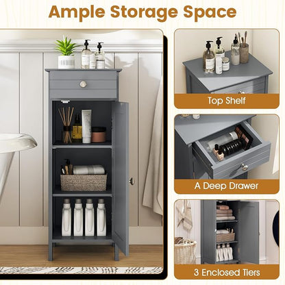 Giantex 34.5" Bathroom Cabinet with Drawer & Single Door (Grey) | Narrow Side Storage Organizer with 6 Shelf Positions, Freestanding Floor Storage Cabinet for Bathroom, Living Room, Entryway