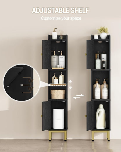 Hzuaneri Slim Bathroom Storage Cabinet, Narrow Bathroom Organizers,2 Doors | Narrow Bathroom Storage with 4 Adjustable Feet, Laundry Room Organization for Small Space,Kitchen,Rattan Black BC22404Y