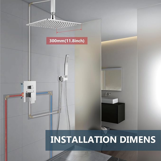 Aolemi Ceiling Shower Faucet Set with Handheld 12" LED Head Polish Chrome | Handheld Spray,12 Inch Rain LED Head,Shower Valve and Trim Kit,All Metal,Ceiling System,Bathroom Mixer