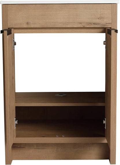 SSLine 24-Inch Bathroom Vanity with Sink Mid-Century Bathroom Vanities with Top Basin Floor Wood Bathroom Sink Cabinet with Soft-Close Doors & Adjustable Storage Shelves (Natural Brown)