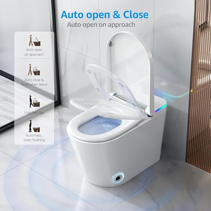 Smart Toilet with Bidet Built In, Heated Seat, Warm Water Wash & Dryer, Tankless Bidet Toilet with Foot Sensor & Night Light, Auto Open/Close Lid & Flush, Wireless Remote, 1.26GPF Water-Saving Design