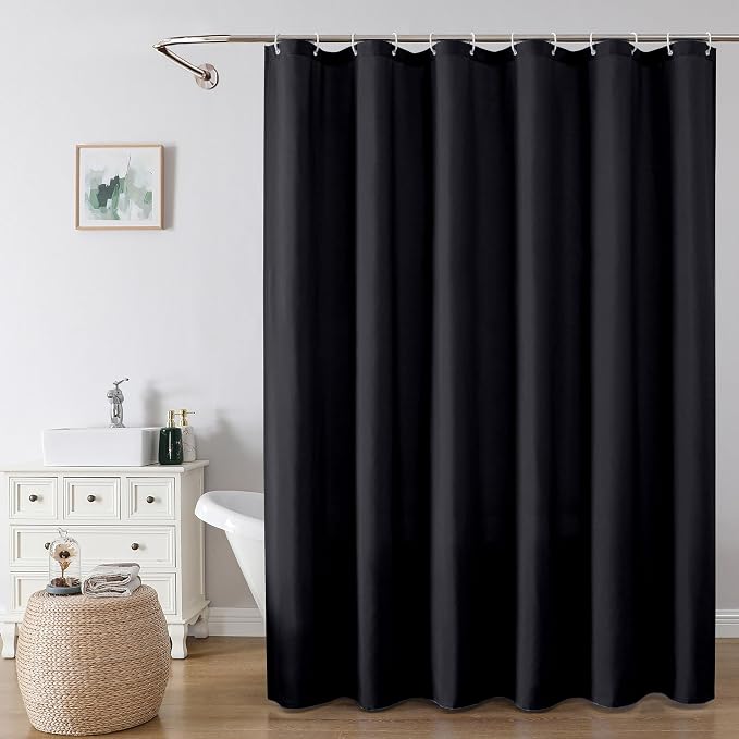 Zora 84 Inch Shower Curtain Set with 12 Plastic Hooks, Plain Fabric Black Shower Curtain for Bathroom - Extra Long Shower Curtain, Water Resistance, Machine Washable Soft Cloth, 72WX84L, Black