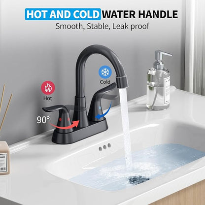 Bathroom Sink Faucet 4 inch, NSF Certified, 3 Hole, Matte Black | 2 or 3 Hole, Vanity Faucet with Pop-up Drain and 2 Supply Hoses, 2 Handle Touch on Bathroom Sink Faucets