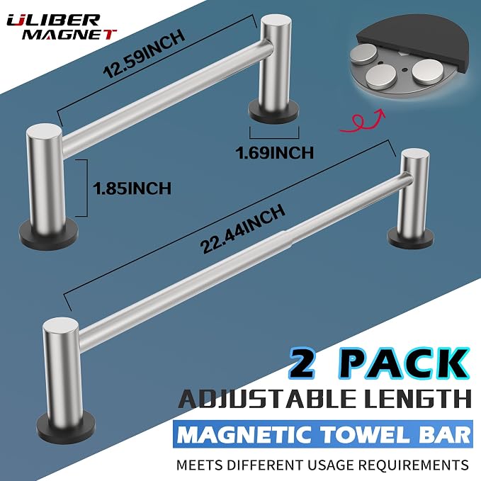 ULIBERMAGNET Magnetic Towel Holder, Magnetic Towel Rail Silver with Adjustable Length, Brushed Nickel Non-Slip Stainless Steel Towel Rail for Refrigerator, Oven, Dishwasher, Laundry (2 Pack)