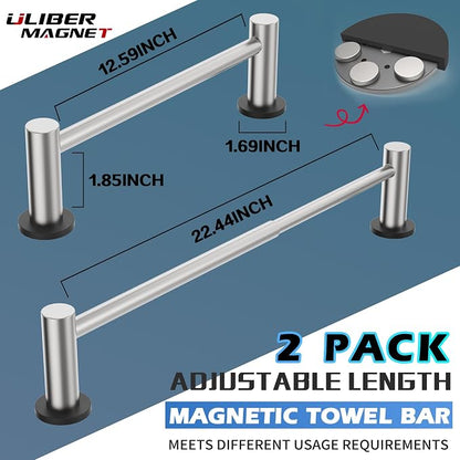 ULIBERMAGNET Magnetic Towel Holder, Magnetic Towel Rail Silver with Adjustable Length, Brushed Nickel Non-Slip Stainless Steel Towel Rail for Refrigerator, Oven, Dishwasher, Laundry (2 Pack)