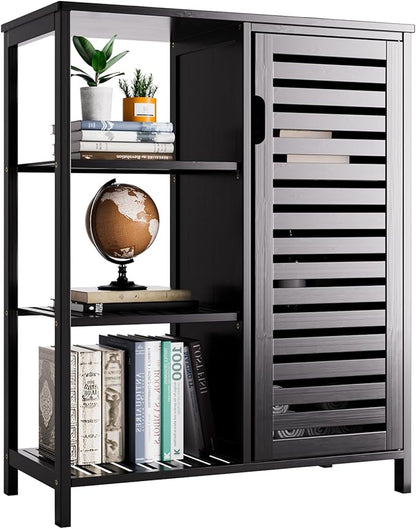 HITNET Black Bathroom Cabinet, Freestanding Storage Cabinet Bamboo Kitchen Floor Cupboard with Door and Shelf, Space Saving Side Storage Organizer for Living Room Bedroom Home Office