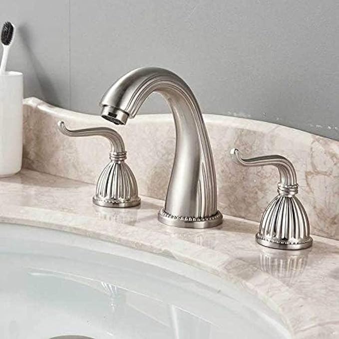 Basin Faucet Deck Mounted Bathroom Mixer Crane Dual Handle 3 Hole Cold and Hot Washing Tap-Antique Brass,Gold(Brushed Nickel)